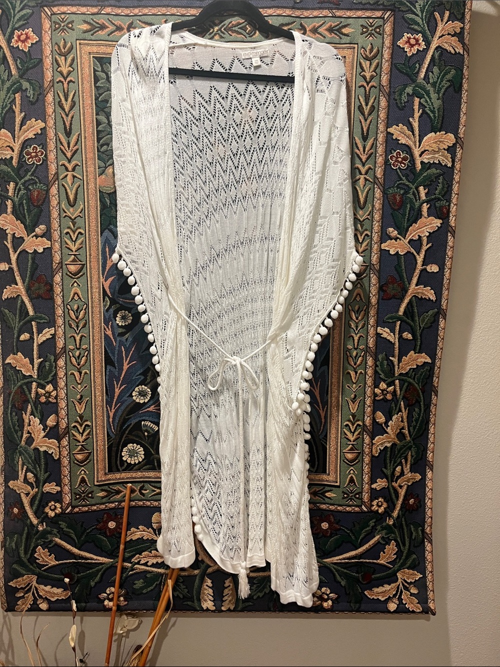Eva Mendes White Crochet Swimsuit-coverup with Pom Poms